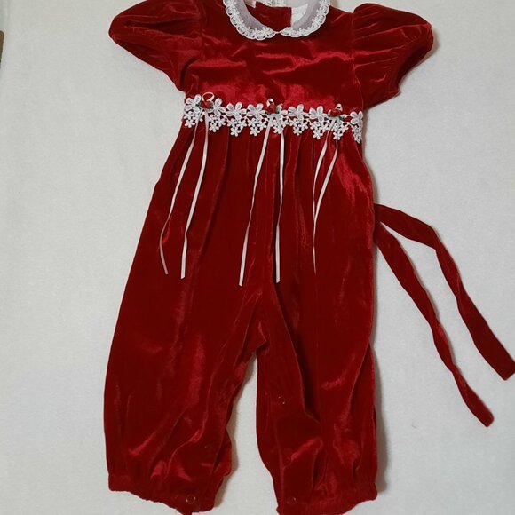 Vintage Rare Editions Christmas Red Velvet Romper, Lace, Ribbons, Holiday Jumper - Picture 2 of 13